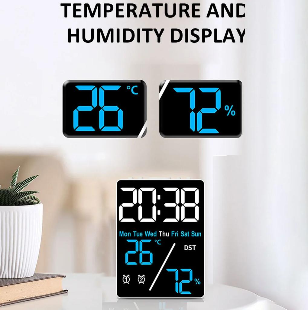 Multifunktionaler Digitalwecker mit großem Bildschirm, Feuchtigkeitsanzeige, Helligkeitseinstellung, Ladefunktion, Schreibtischuhr, Heim- und Bürodekoration