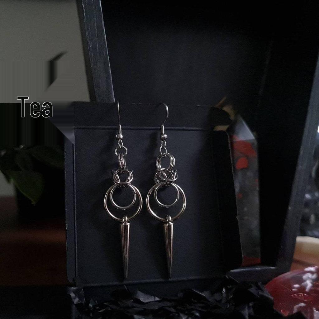 Stainless Steel Gothic Chain Tail Double Ring Stud Earrings