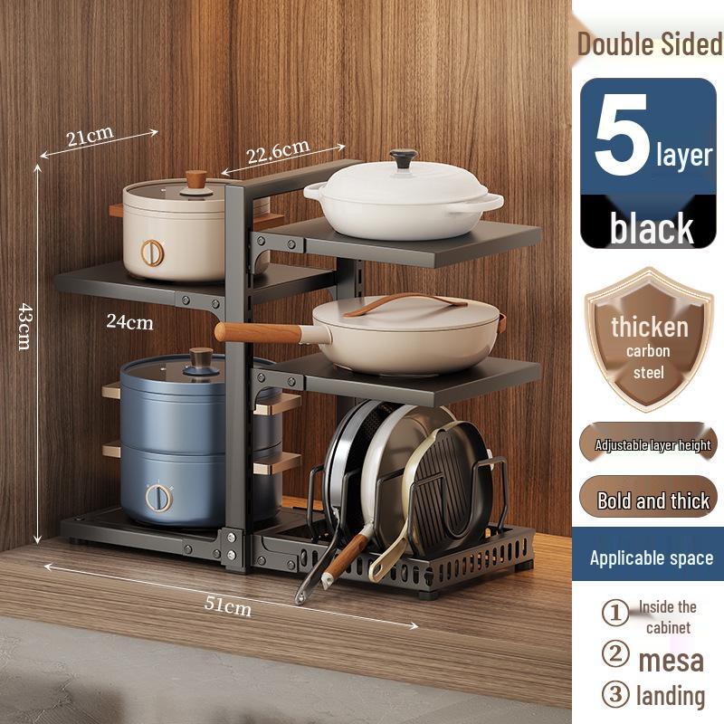 Estante de almacenamiento de ollas y utensilios de cocina de múltiples capas para cocina, organizador de encimera bajo el fregadero, diseño de doble cara