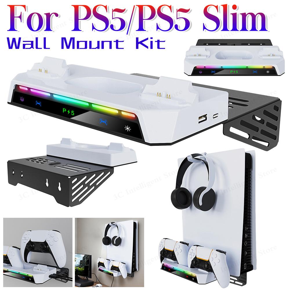 Gamepad Charging Base For PS5/PS5 Slim/PS5 Pro Consoles Disc & Digital Wall Mount Kit with Dual Controller Charging Station