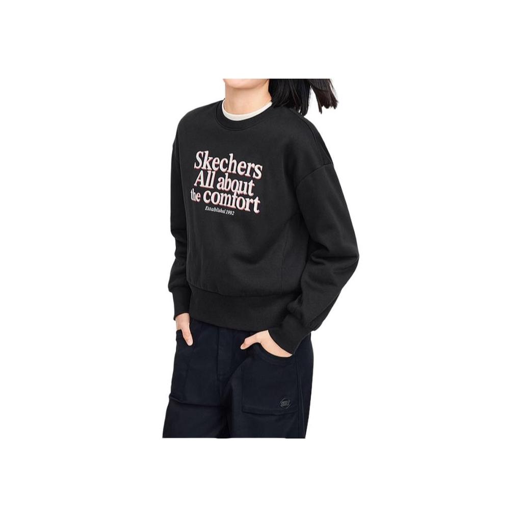 Skechers Letter Print Crew Neck Pullover Sweatshirt Women sweatshirt Carbon-Black L324W049-0018