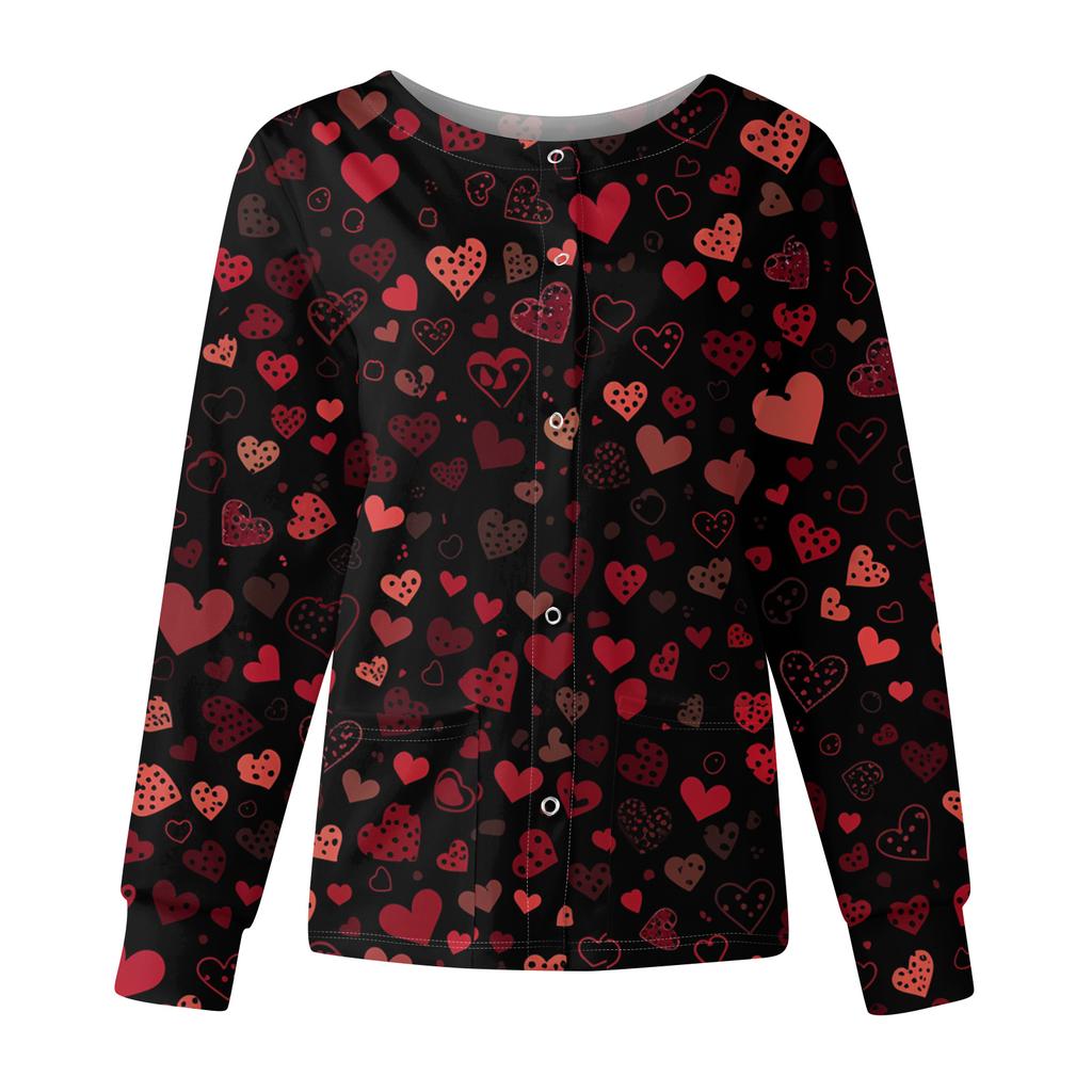 Women's Casual Fashion Long Sleeve Standing Collar Single Breasted Valentine's Day Print Workwear Jacket Tops