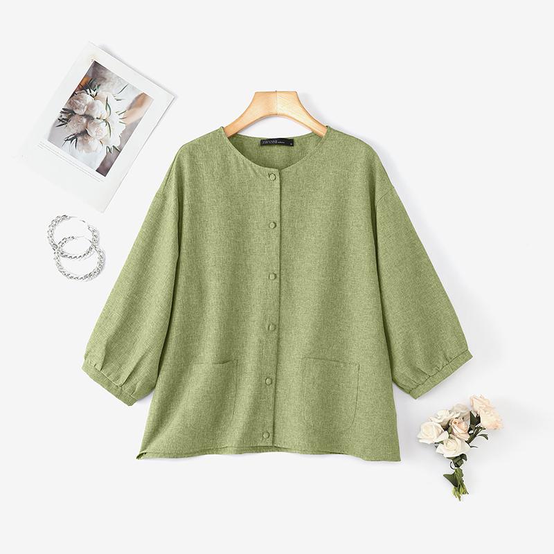 

Жіноча повсякденна однотонна вільна блузка з круглим вирізом ZANZEA з рукавом 3/4 5XL зелений