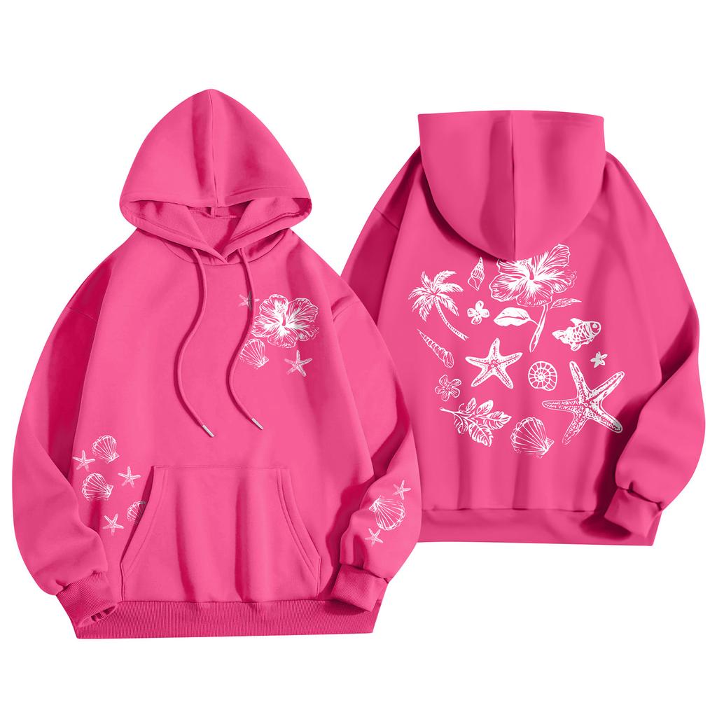 Damenmode Damen Leichter Langarmpullover mit Taschen Preppy Graphic Hoodie