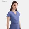 PORTS Women's 2025 S/S Sky Blue Pleated V-Neck Midi Dress