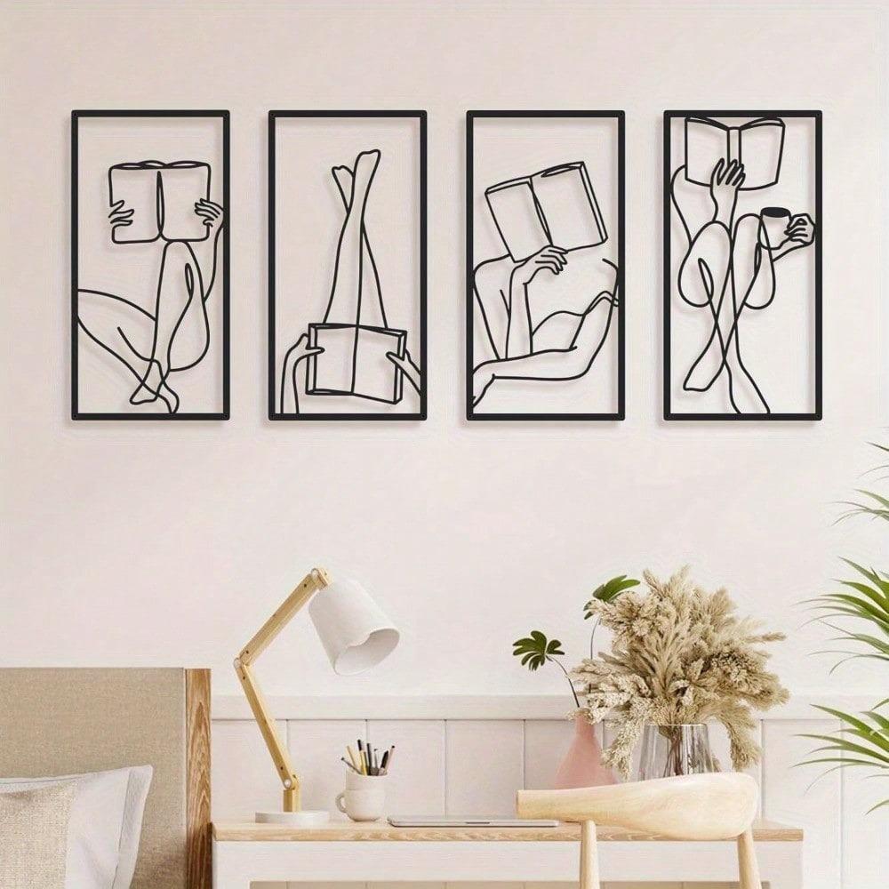 Art Deco Abstract Woman Line Metal Wall Art Set of 4 Modern Matte Black Minimalist Home Decor