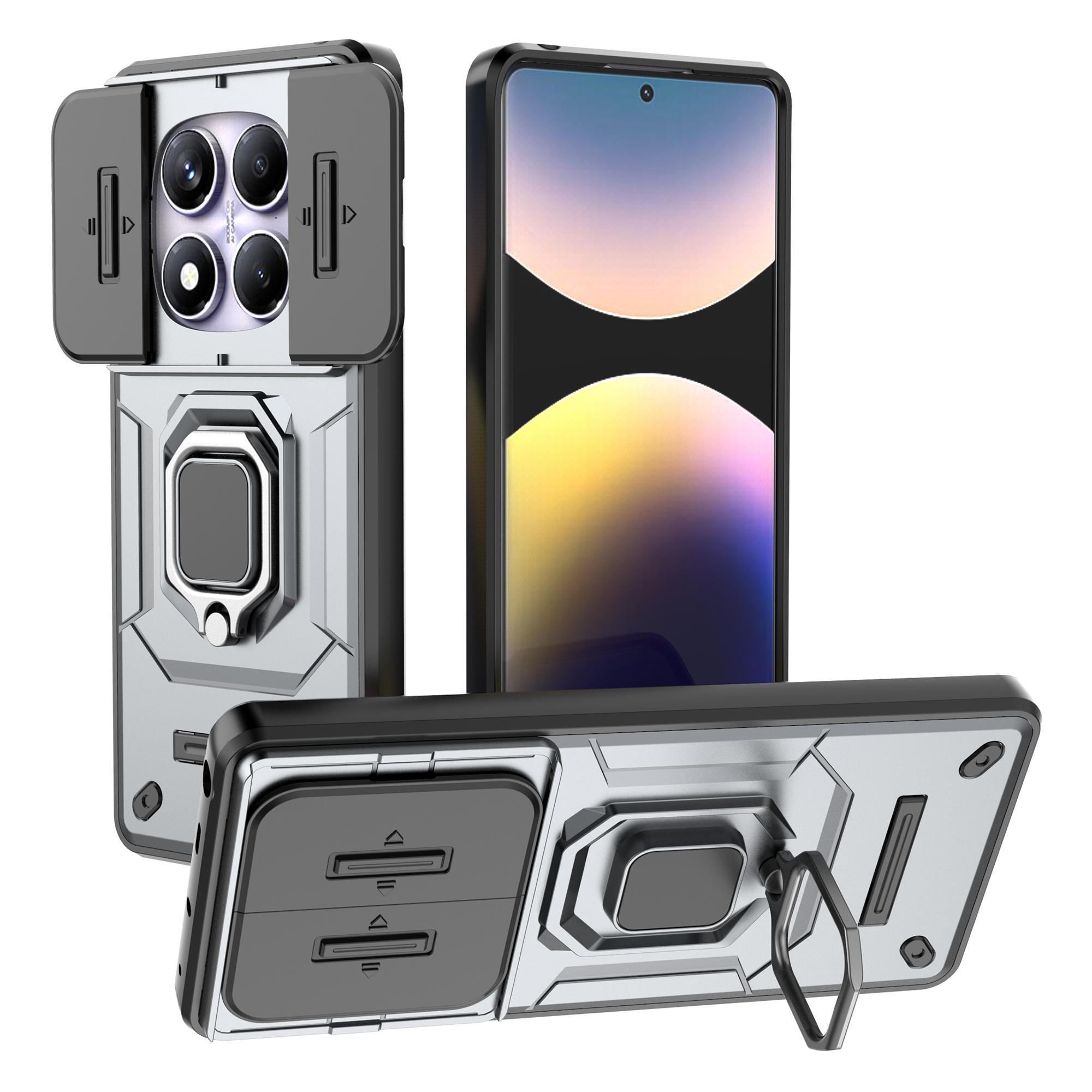 

For Xiaomi Redmi Note 14 Pro 4G Case PC+TPU Kickstand Phone Protector with Lens Cover Grey