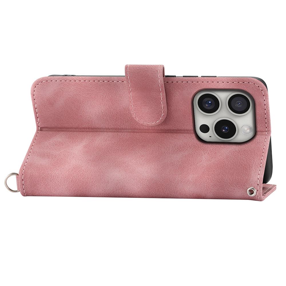 

For iPhone 16 Pro Leather Case Multiple Card Slots Phone Cover with 2 Straps Pink