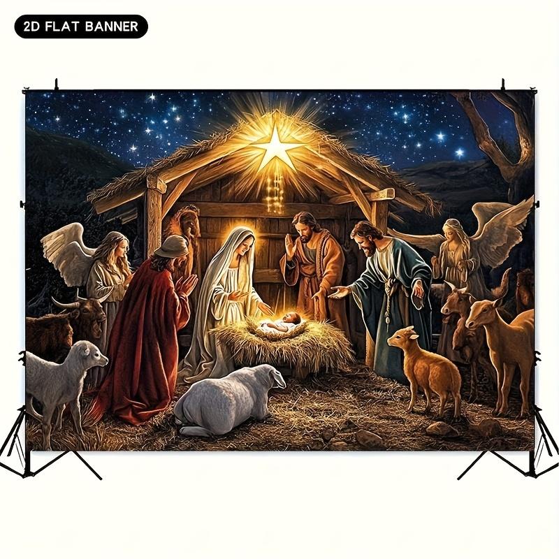 A 1pc 2D flat Christmas scene background, featuring angels, shepherds, animals and bright stars as the theme.zyc