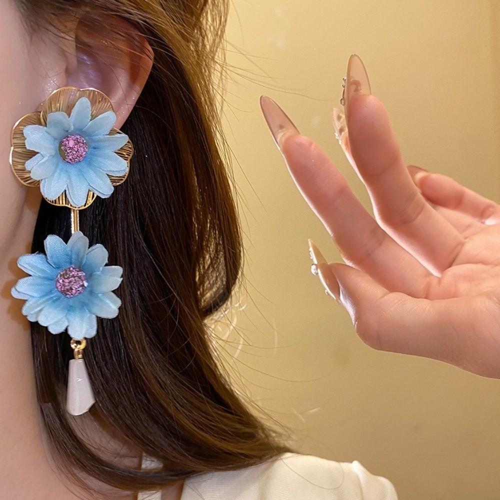 Colorful Fabric Flower Earrings Glass Crystal Drop Earrings Floral Pendant Earrings  Women Jewelry