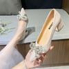 Pointed Rhinestone Bow Versatile Single Shoes Women's 2025 Spring and Summer New Thick Heel Sexy Light Mouth Wedding Shoes Middle Heel Shoes
