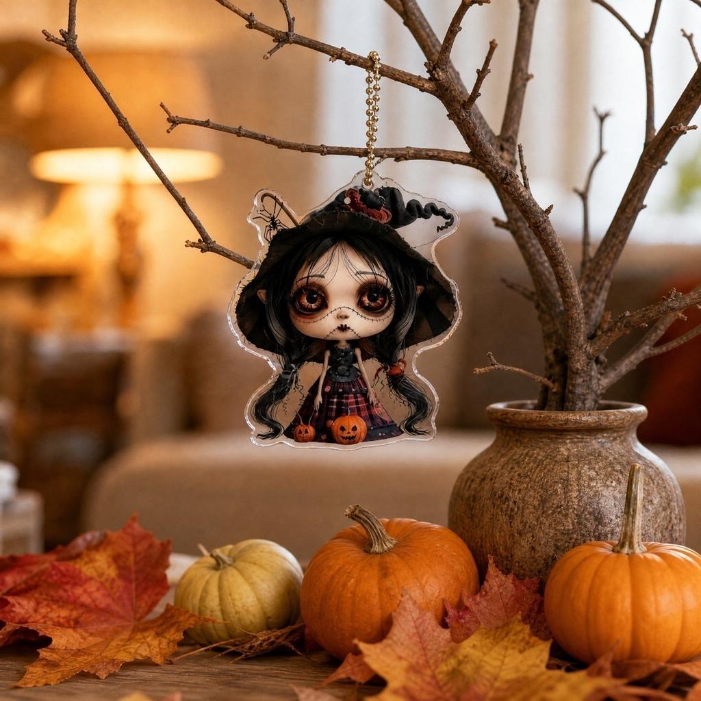 Halloween Acrylic Cute Witch Pendant Flat Ornament for Backpack Purse Keychain
