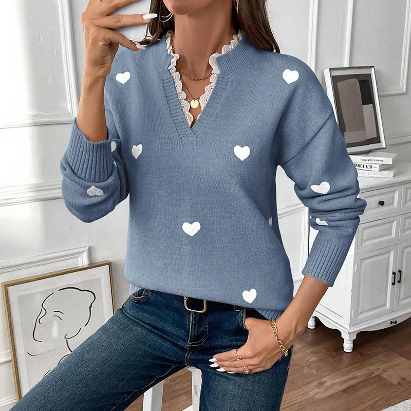 Women V Neck Heart Pattern Pullover Knit Sweater Autumn Casual