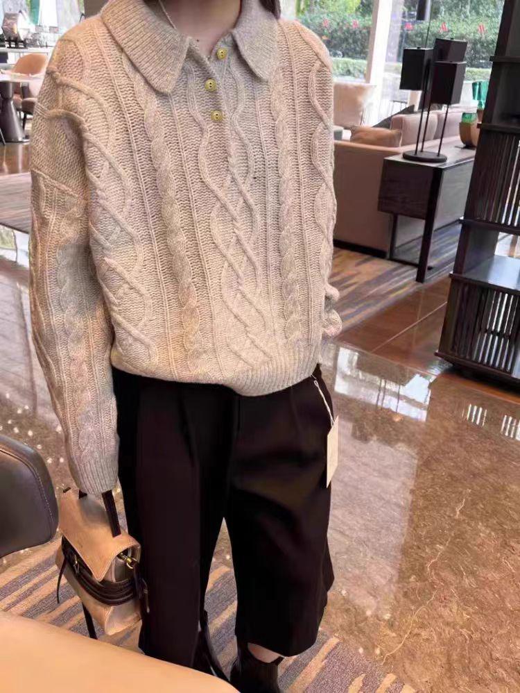 Apricot Button-Down Korean Loose Knit Cardigan for Women, Versatile Autumn/Winter Sweater