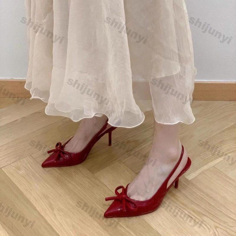 Fashion Women Summer Red Leather Pointy Bow Sandals Design Buckle Strap Sandals Women Sexy Open Toe Thin Heels Party Pumps Zapatos Mujer