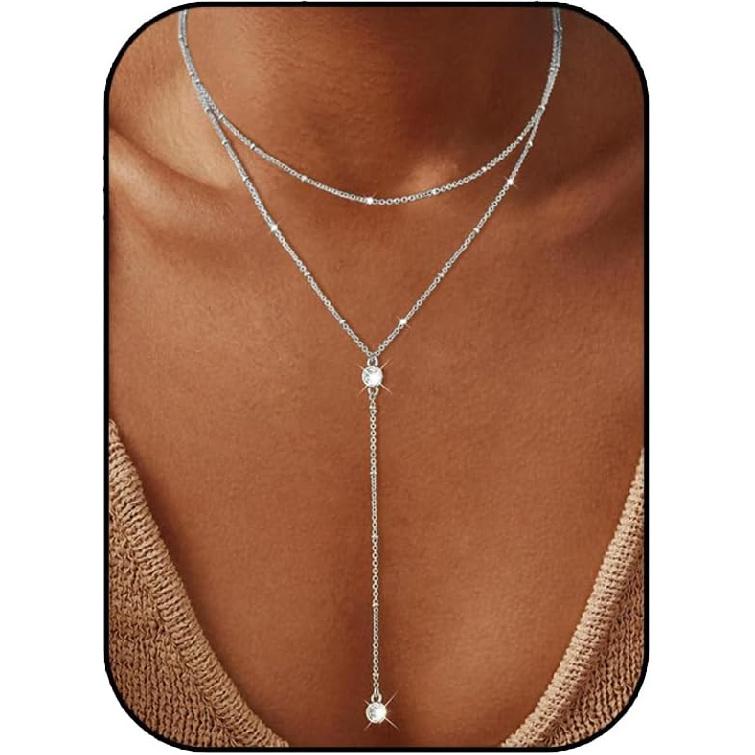 IF YOU Lariat Gold Lange Halsketten für Damen Trendig, Zarte 14K Vergoldete Tropfenkettenhalskette, Mehrlagige Rosenkranz-Perlen Y-Halsketten Schlichte Mode