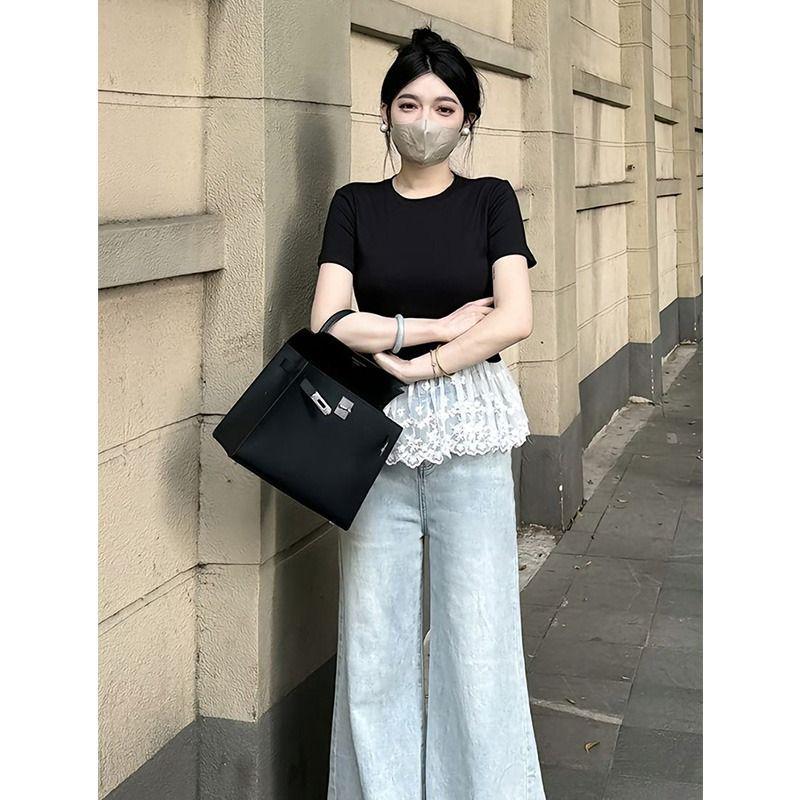 

Plus Size Women s Ballet Lace Patchwork Cotton T-Shirt - Short Sleeve Slimming Summer Top Extra Large чёрный