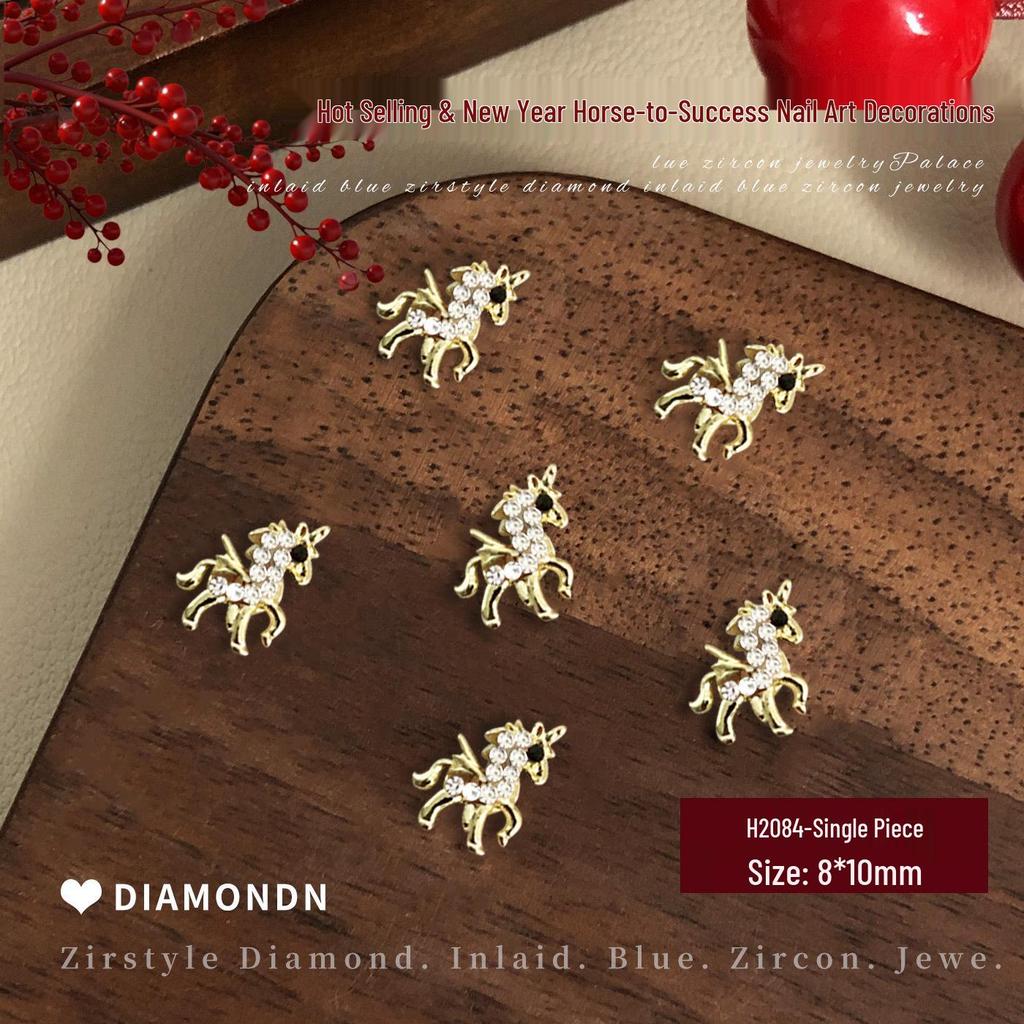 2026 New Year Little Horse Nail Art Decorations - Gold, Silver, and Red Rhinestone Press-on Nail Accessories