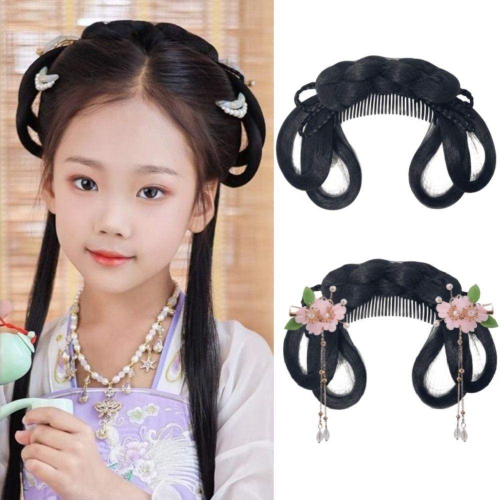 Headdress Girls Chinese Chignon Black Princess Hair Bun Cosplay Wig Integrated Hair Bun  for Kids