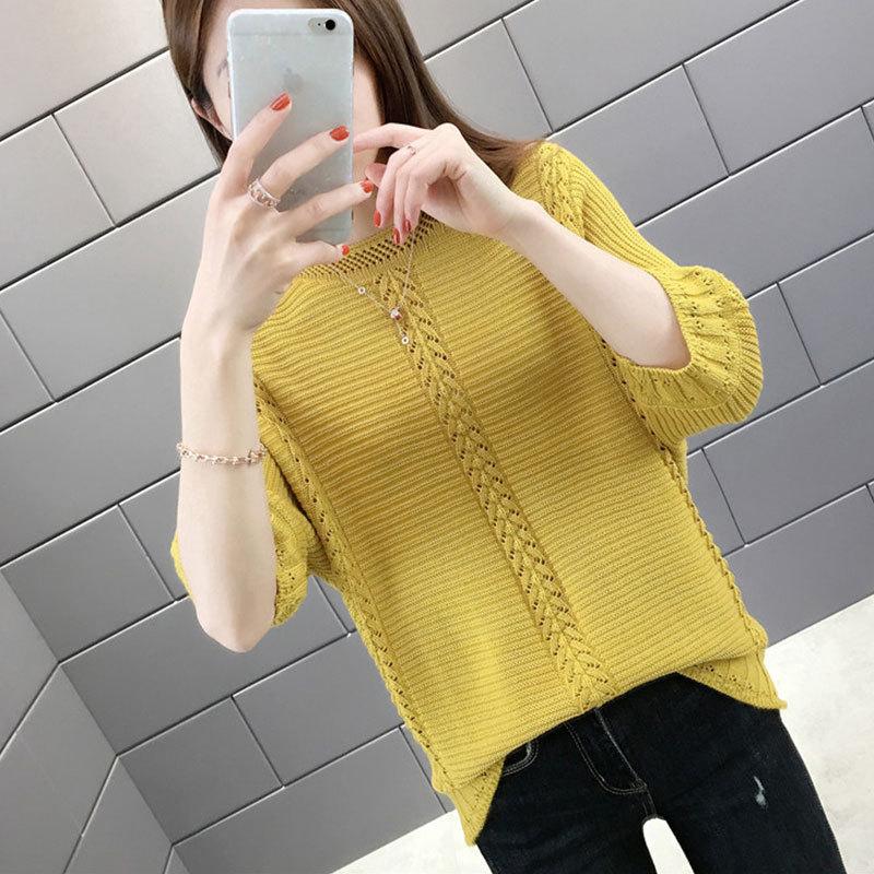 Summer Simple Hollow Knitted Sweater Women's Pullover Loose Temperament Elegant Seven-quarter Sleeve Crew Neck Top Women