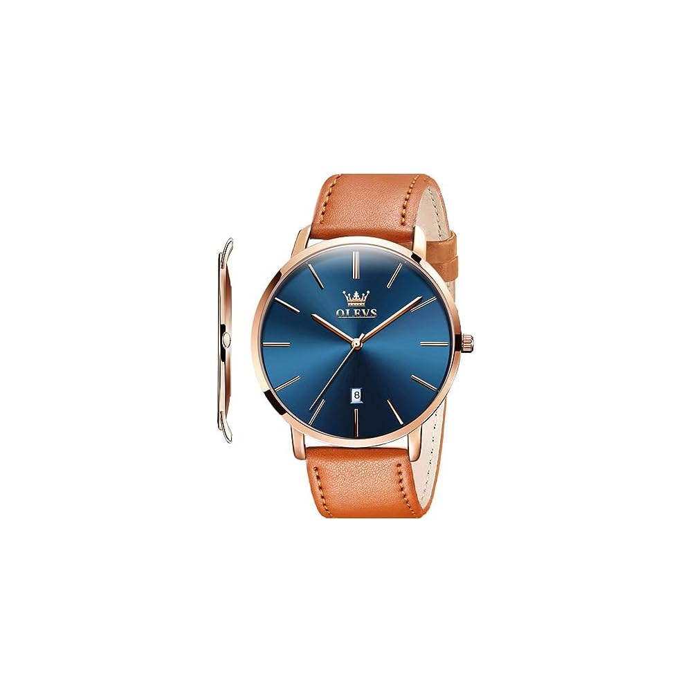 YPF OLEVS men s fashion ultra-thin 6.5mm steel bezel quartz wristwatch leather band waterproof blue dial