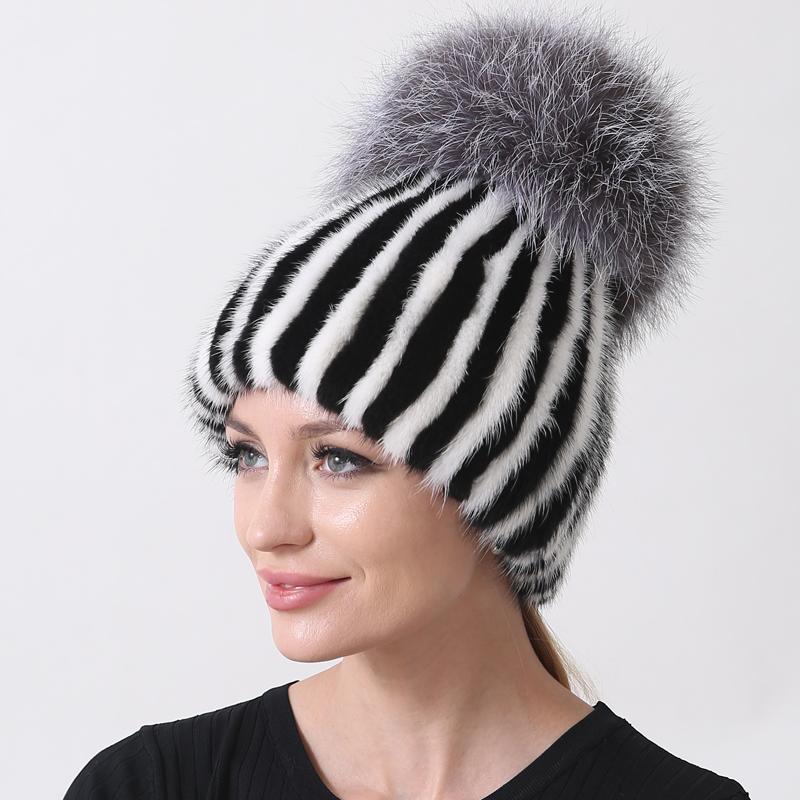 Women's Mink Fox Fur Winter Hat Striped Knitted Beanie with Pompom, Warm Fashionable Trapper Cap for Cold Weather