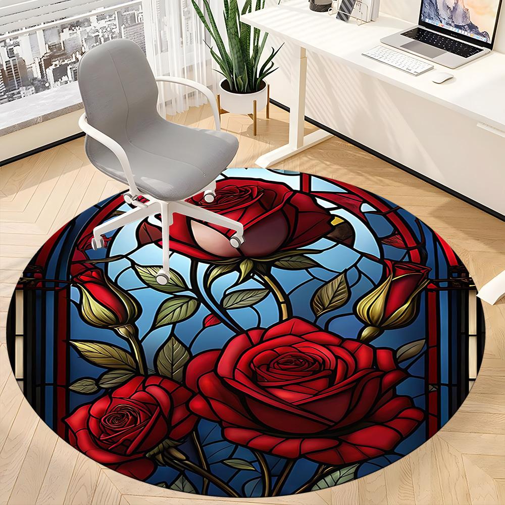 1pc Rose Window Office Round Area Rug, Under Office Chairs Bedroom Living Room Home Decor, Room Deco