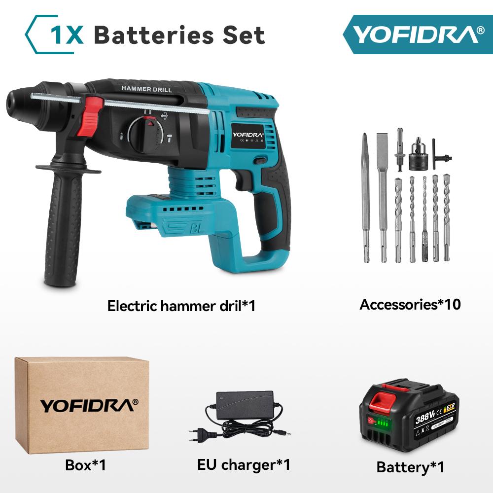 

YOFIDRA 26MM Brushless Electric Hammer Drill Multifunctional Rotary Cordless Rechargeable Power Tools For 21V 18V Battery 1xBattery- Option 4