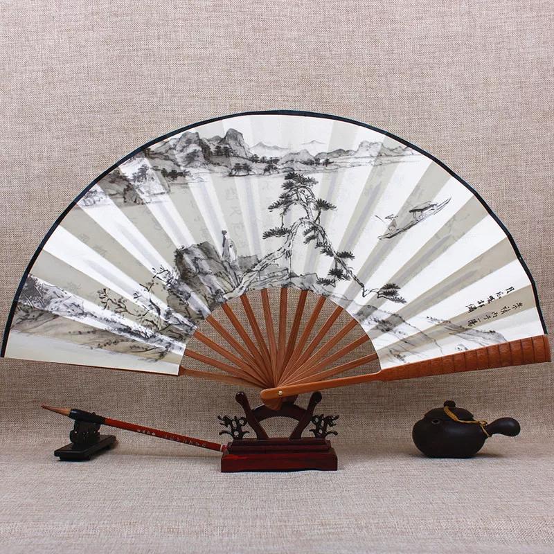 Chinese Style Fan Men Archaic Folding Fan 10-Inch Silk Large Silk Fan Classical Carving Folding Fan Cloth Retro Summer