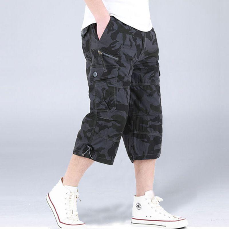 

Summer Men s Long Length Cargo Shorts Men Multi-Pocket Casual Cotton Elastic Capri Pants Men Short S чорний/сірий