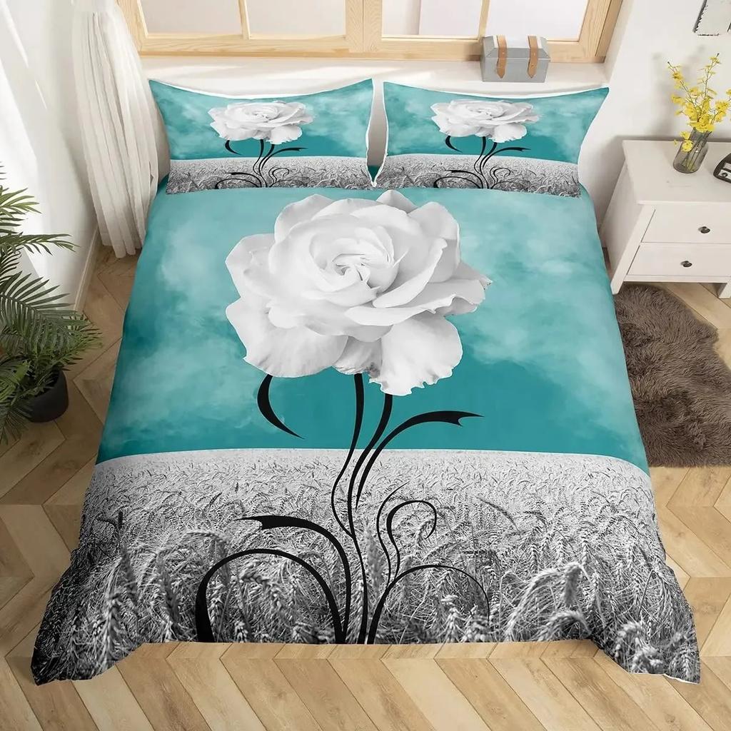 Rosen Bettbezug Set Rote Rose Floral Bettwäsche Sets Blume Schmetterling Bettdeckenbezug für Frauen Modern Fashion Marmor Steppdeckenbezug