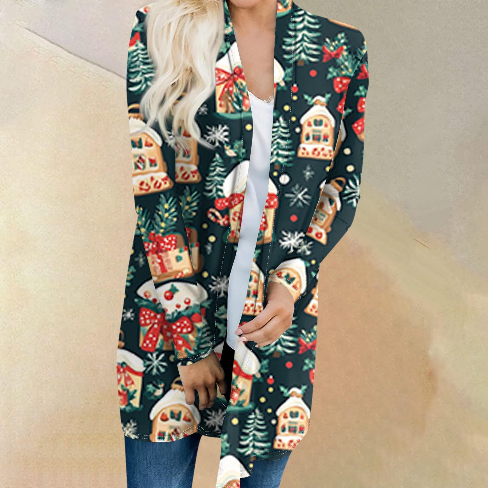 

Женская модная повседневная куртка-кардиган средней длины с принтом рождественской елки и снеговика XXXXXL