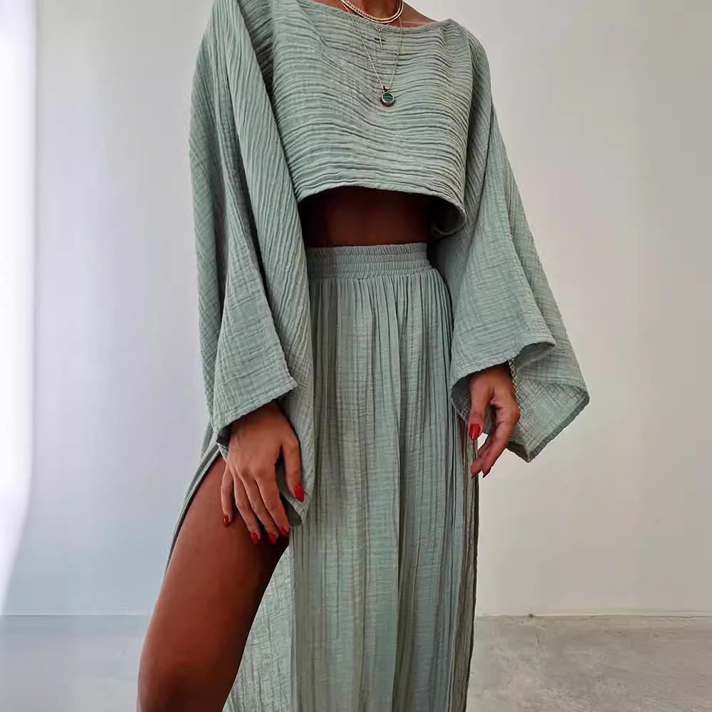 2024 Casual High Waist Linen-Cotton Two-Piece Suit with Slit Cropped Top