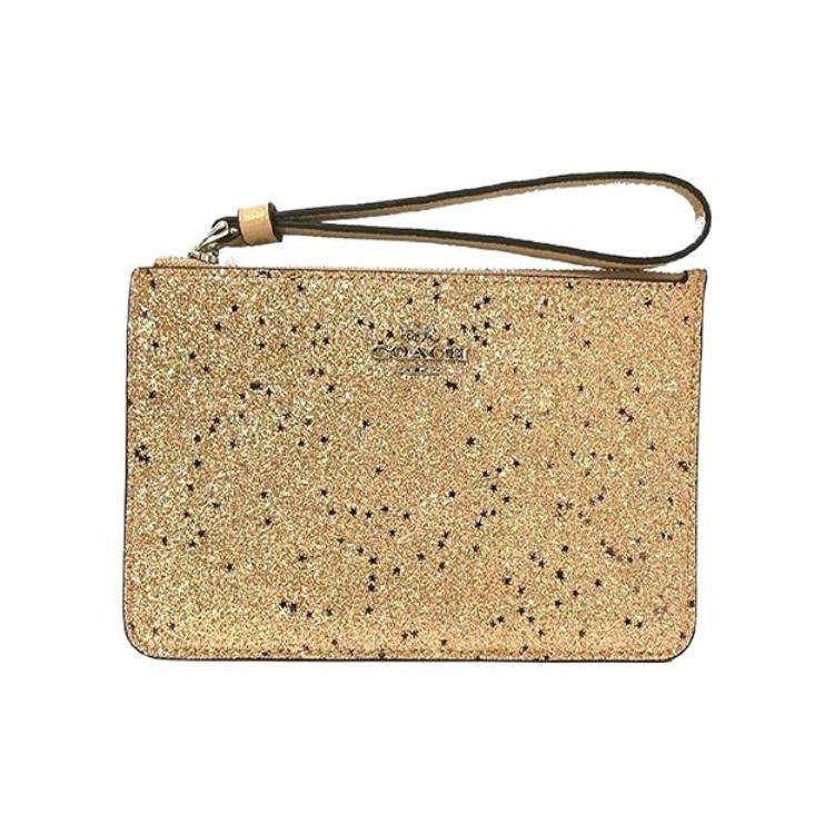 Coach Boxed 18 Crosshatch Zipper Star Sequin Double Card Slot Leather Clutch Women Clutch Gold 38641-SVGD