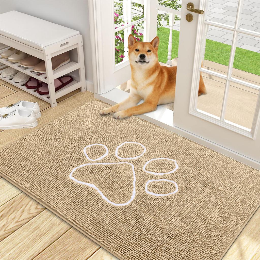 Olanly Door Mat for Muddy Dog Paws Ultra Absorbent Chenille Mud Doormat With Paw Print Design Non-Slip Quick-Dry Washable Mats