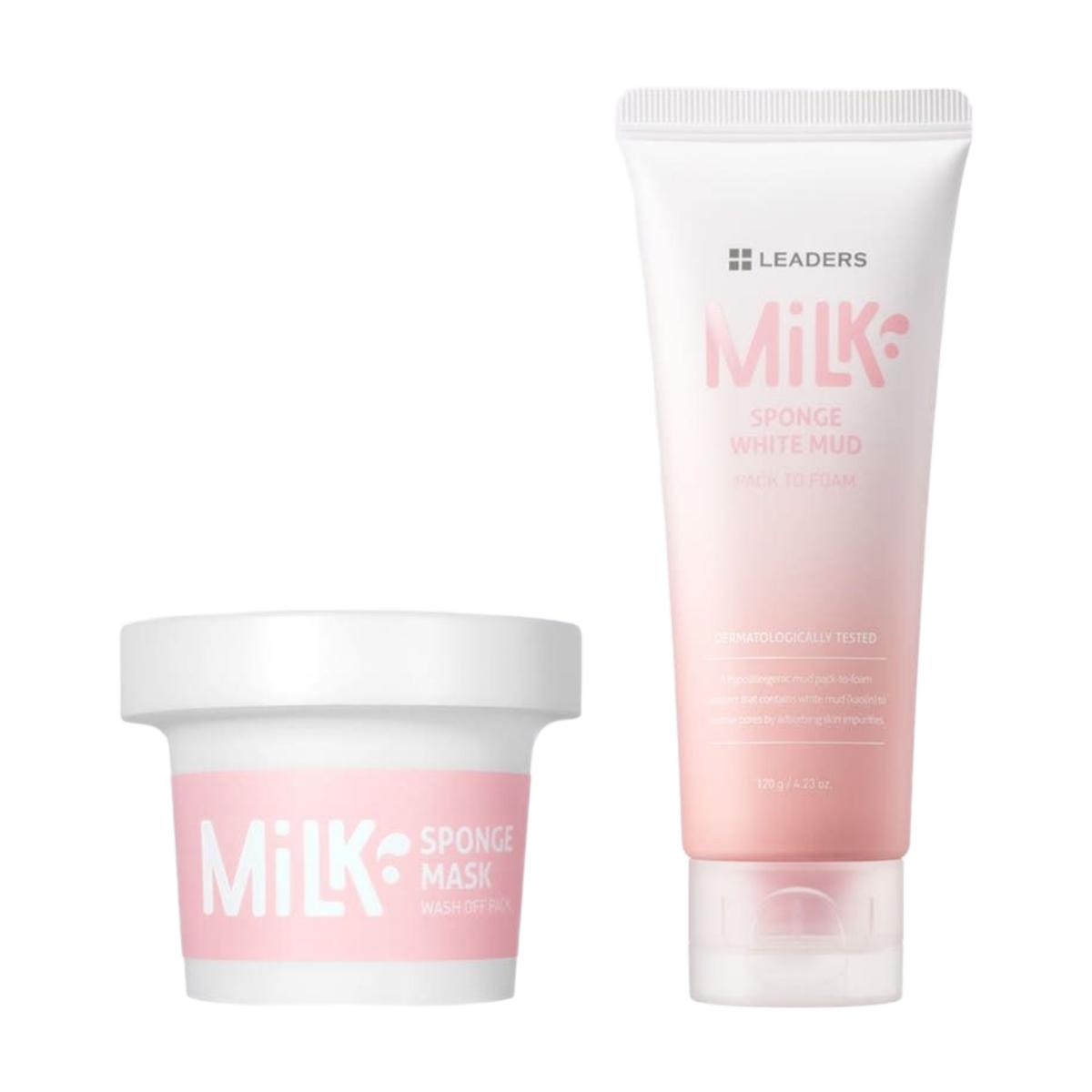 LEADERS Milk Sponge Mask and White Mud Pack-to-Foam Set Pore Cleansing Brightening 100g + 120g