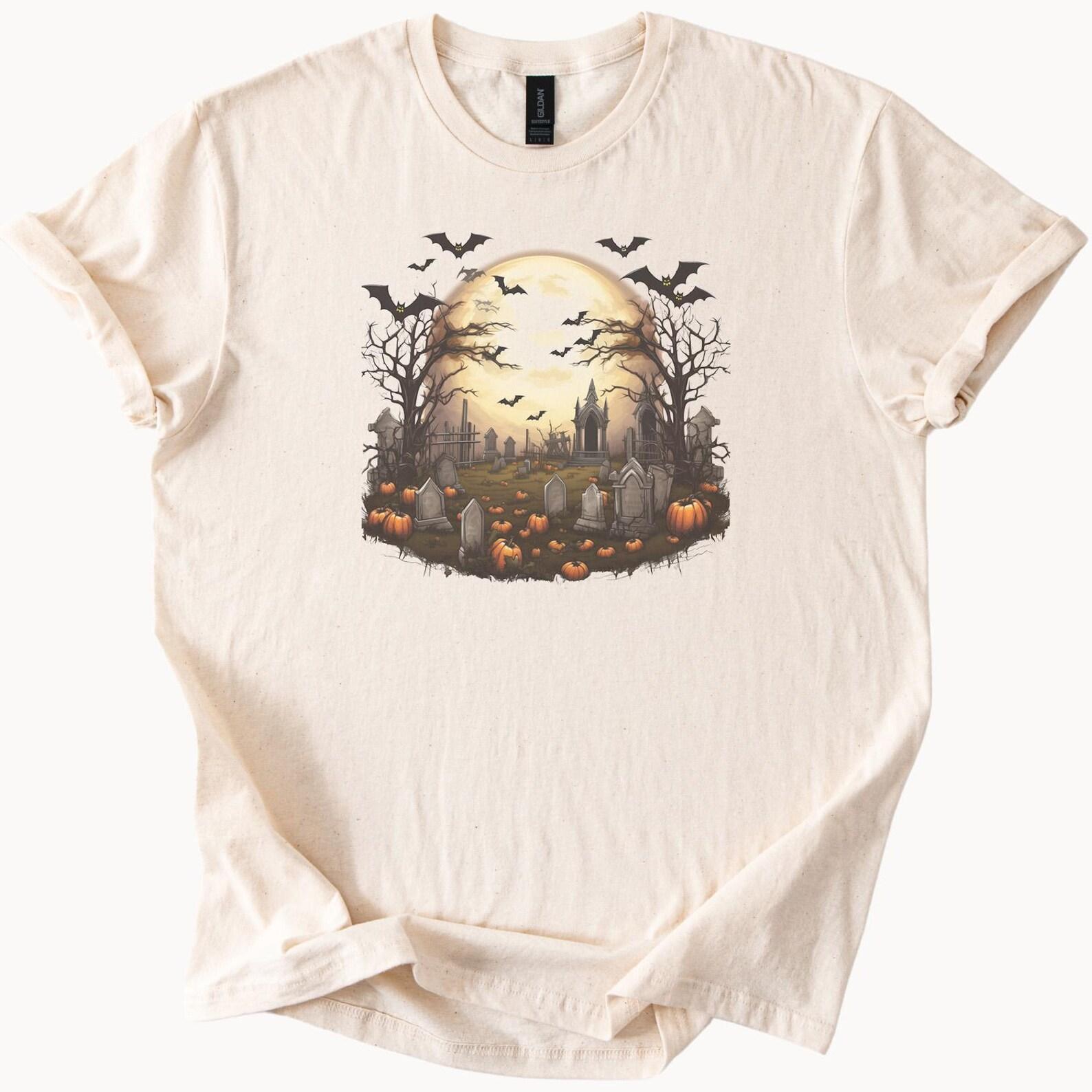 Halloween Graveyard T Shirt Spooky Full Moon Bats and Pumpkins Graphic Cemetery Tee Gothic Halloween Scene Shirt Fall Shirt 160