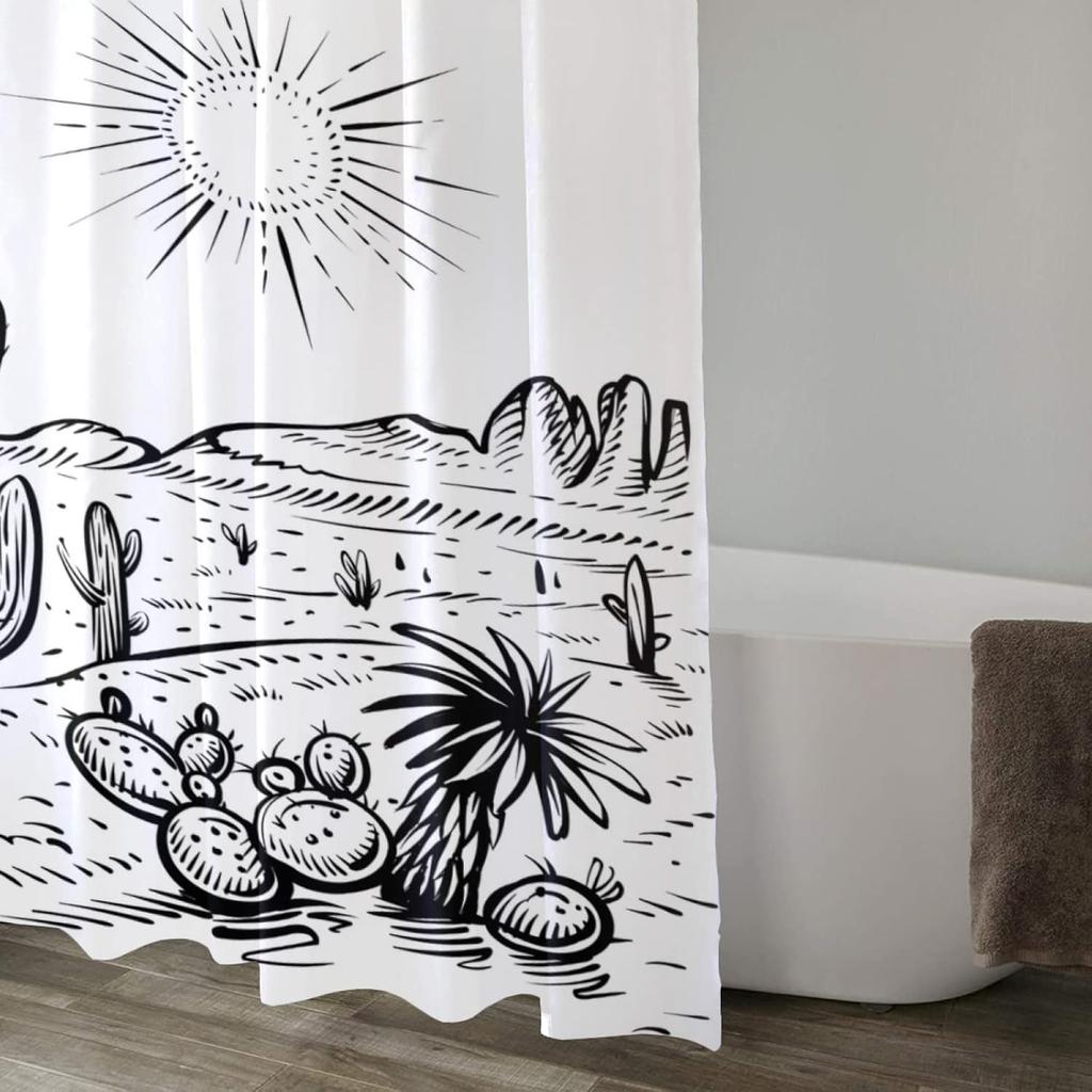 Desert Landscape Cactus Western Shower Curtain Washable Waterproof Fabric Sketch Mountain Bath Curtains Set for Bathroom with