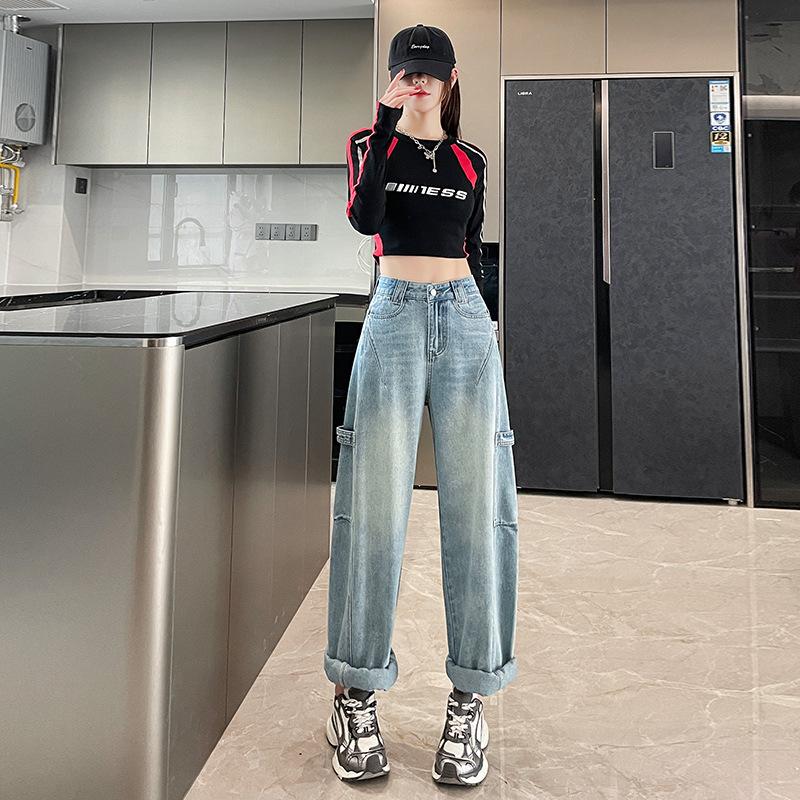 Retro Blue Scimitar Wide-leg Jeans for Women In Spring and Autumn New High-waisted Slimming Tool Loose Drooping Banana Pants