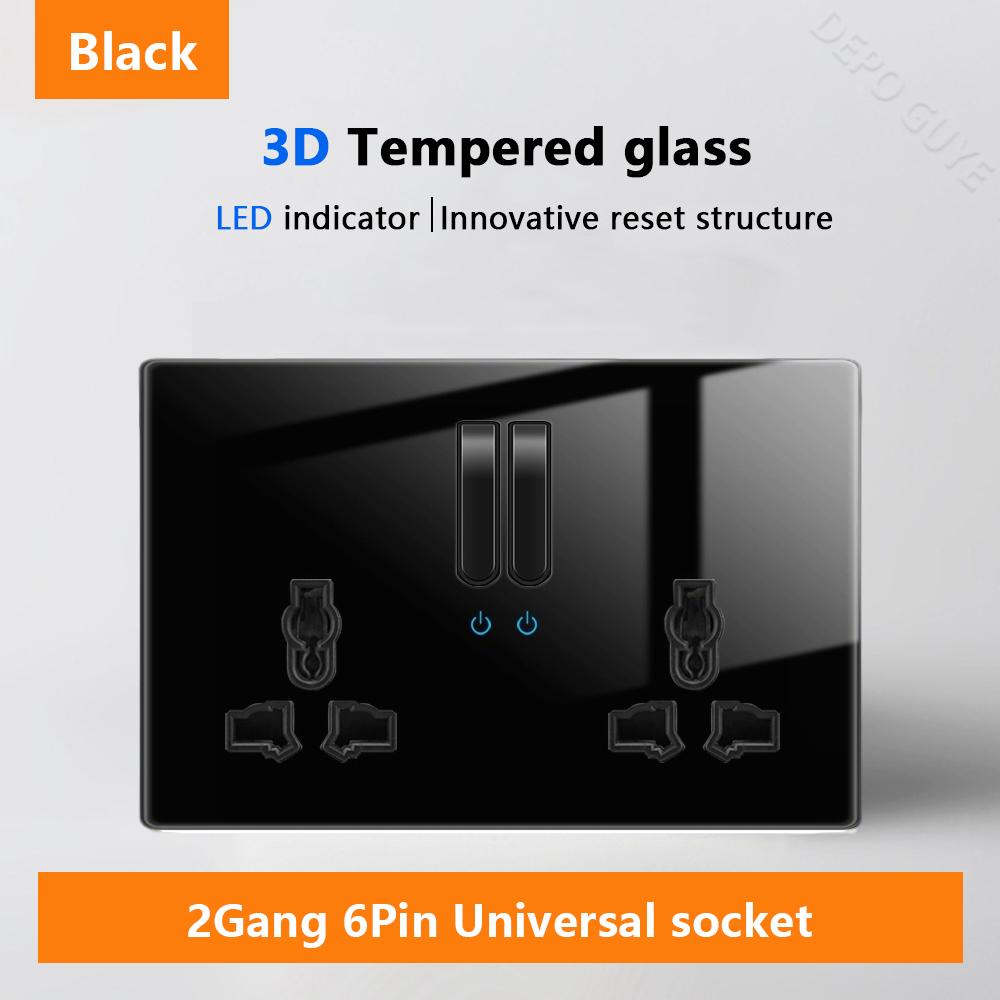 Luxury LED Indicator Light Switch Black Tempered Glass Piano Key Self-reset Wall switch,UK EU Universal USB C Electrical Socket