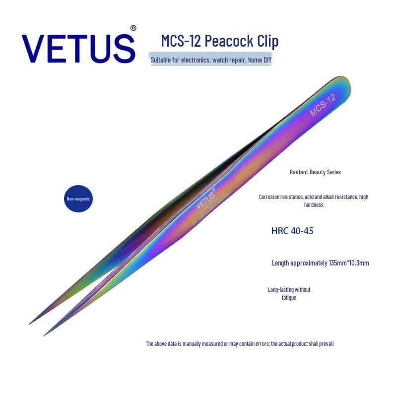 VETUS MCS-12 Makeup Tweezers: High-Quality Stainless Steel, Acid and Corrosion Resistant, Colored for Beauty Applications.