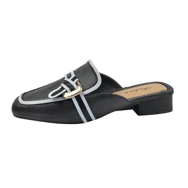 Fashion Black Mules Shoes For Women Slip On Square Heel Slippers Women 2024 New Luxury Designer PU Leather Slides Elegant Office Shoes