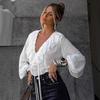 European and American Fashion White Ruffled Blouse for Women, Autumn Design V-Neck Lantern Sleeve Chiffon Shirt, Commuter Women's Clothing