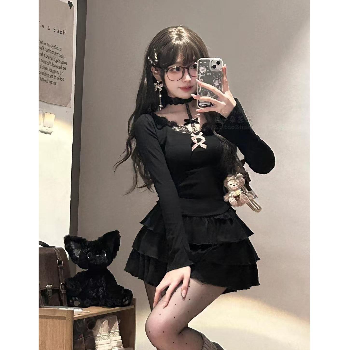

Autumn and winter new French sexy lace black waist dress women s design butterfly spice short skirt S чёрный
