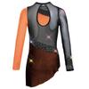 Girls Dance Gymnastics Bodysuit Dress Long Sleeve Sheer Mesh Patchwork Sparkling Rhinestones Color Block Leotard