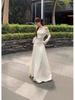Pure Desire Lace Patchwork Ruched Two-Piece Set: One-Shoulder Cropped Top & Gentle Skirt with Long Sleeves
