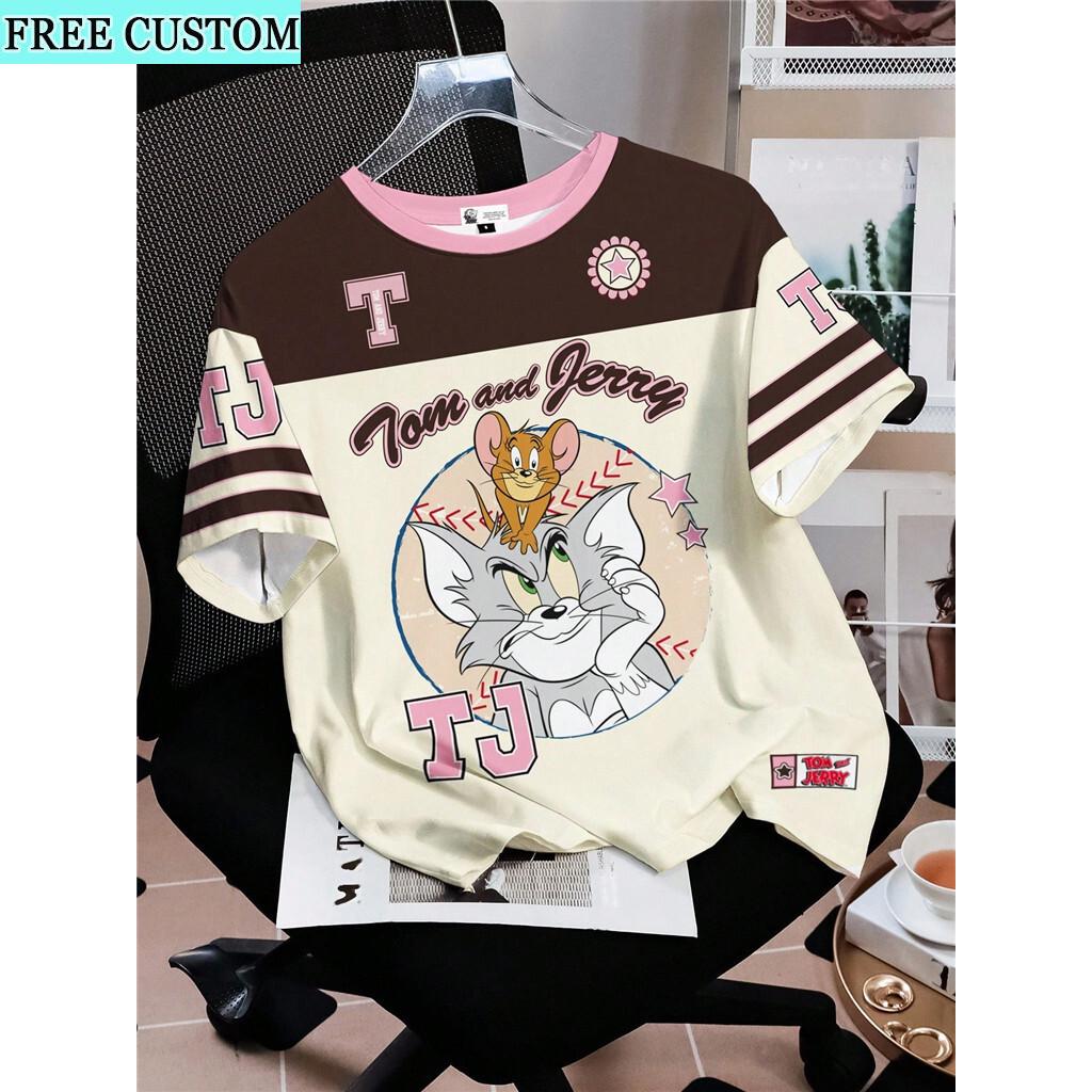 

Women s color-blocked retro sporty casual cartoon letter crew neck short-sleeved T-shirt, comfortable for summer wear, brown and pink. XXS