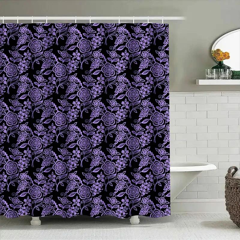 

Luxury Floral Shower Curtain Purple Black White Waterproof Bathroom Decor Privacy Screen Room Divider W60H190(CM)-1 Pcs