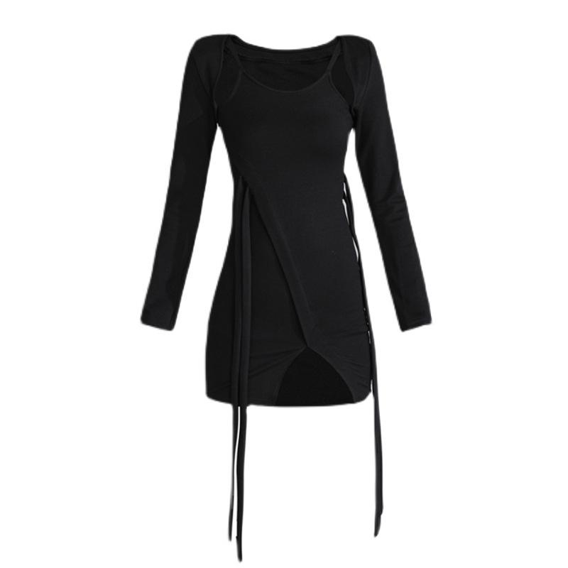 Pure desire style fake two-piece long-sleeved pullover dress female sexy hottie slim-fitting high-waisted hip-wrapped A-character Korean short skirt