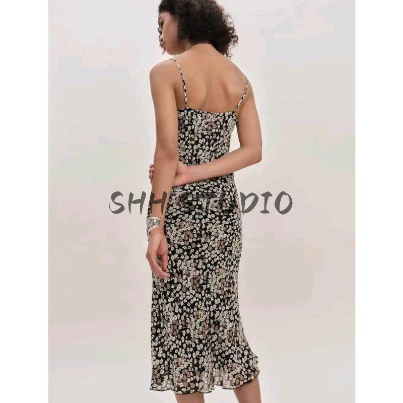 Summer New Product Women's Clothes French Vintage Style Printed Waist-Controlled Slimming Long Sheath Fishtail Sling Dress